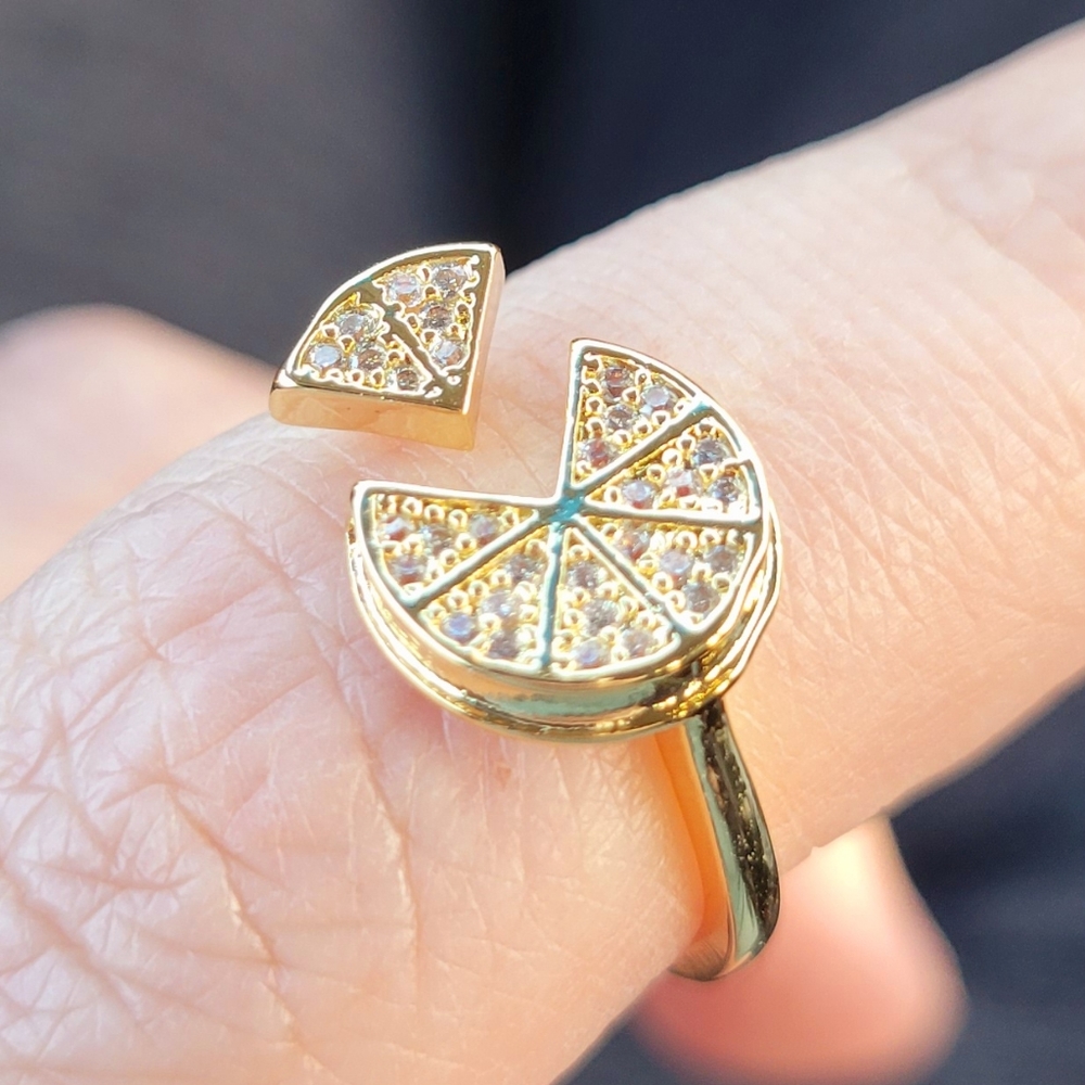 Lemon Slice Diamond Gold Ring Adjustable Band One Size Fits All